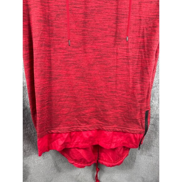 Red Heathered Short Sleeve Cowl Neck Drawstring Casual Top With Asymmetrical Hem - Picture 3 of 11